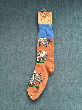 Habitat Men's Orange Crew Socks with Blue Cuff and Rhino Motif